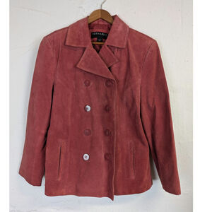 Vtg Suede Jacket Blazer Pink Double Breasted Leather Office Salmon Womens 10